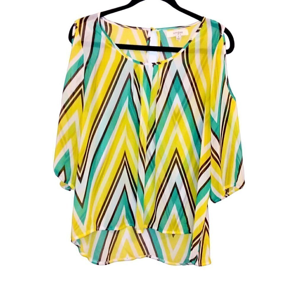 UMGEE COLLECTIONS SHEER GEO PRINT BLOUSE W/ COLD SHOULDER & MID-LENGTH SLEEVES